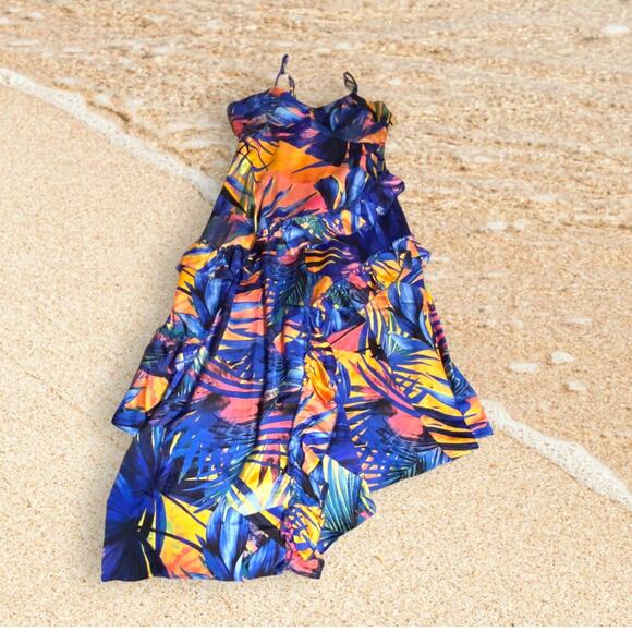Romeo & Juliet Couture Blue Tropical Asymmetrical Ruffle High Low Sun Dress S - Picture 1 of 12